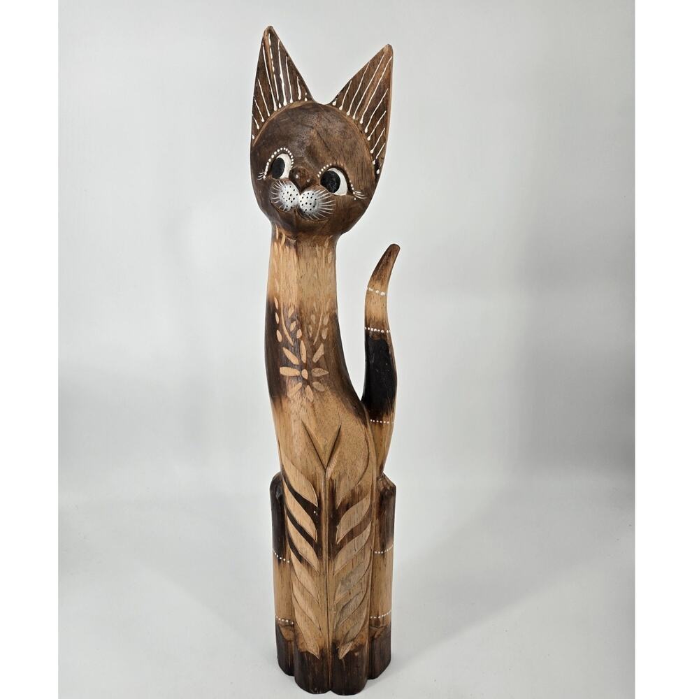 Boho Kitsch Wooden Carved Painted Retro Style 23" Cat Free Standing 3D One Sided